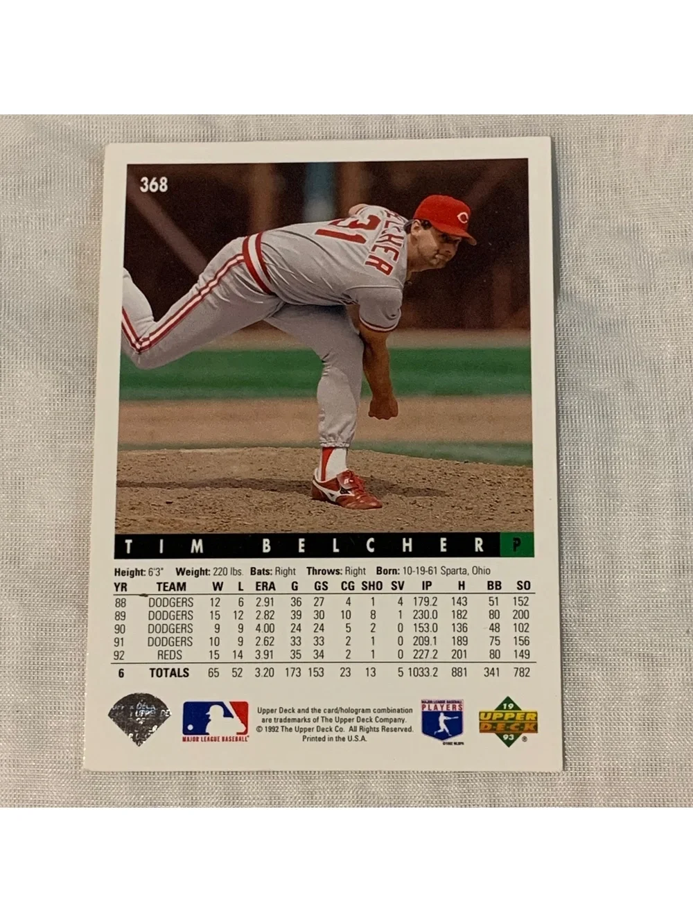 1993 Upper Deck Series 1 Tim Belcher #368 Cincinnati Reds MLB Card Vintage